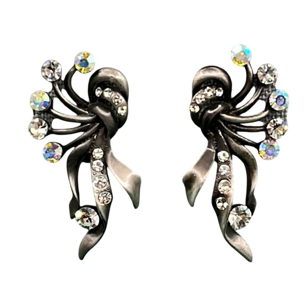 Dazzling Aroura Borealis Rhinestone Pewter clip on earrings